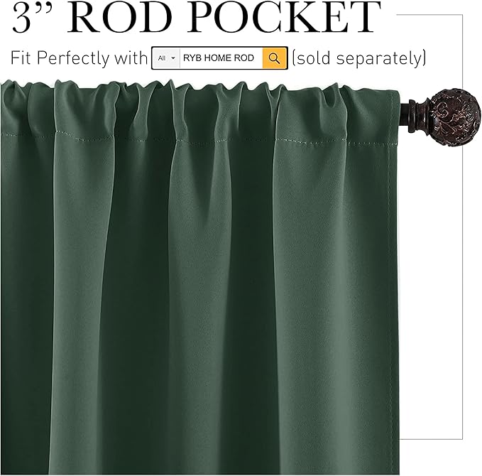 RYB HOME Room Darkening Curtains 84 inches Length 2 Panels Set, Privacy Assured Blackout Window Covers Thermal Insulated Rod Pocket Drapes for Living Room, 42 x 84 inch, Dark Green