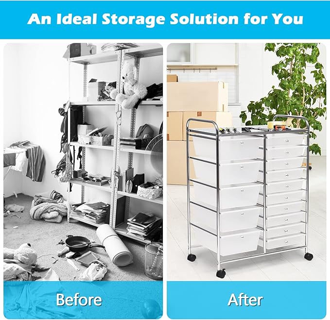 GOFLAME 15-Drawer Rolling Storage Cart, Multipurpose Movable Organizer, Utility Cart for Home, Office, School, Clear