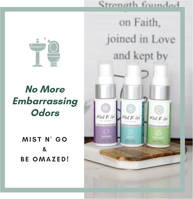Mist N' Go by Omaze Travel Bathroom Spray - Toilet Odor Eliminator & Air Freshener - Fresh Linen (1oz)