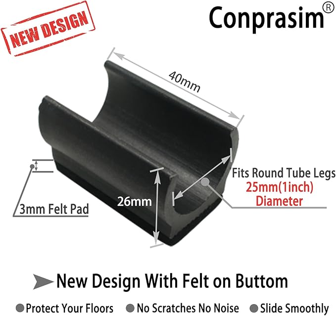 Rectangle U Shaped Chair Leg Tips Caps with Felt Pads,Furniture Feet Protector Slide Smoothly Glides No Scratches No Noise Protect Hardwood Floor,Fit 25mm(1inch) Diameter Tubular Leg (Black 8PCS)