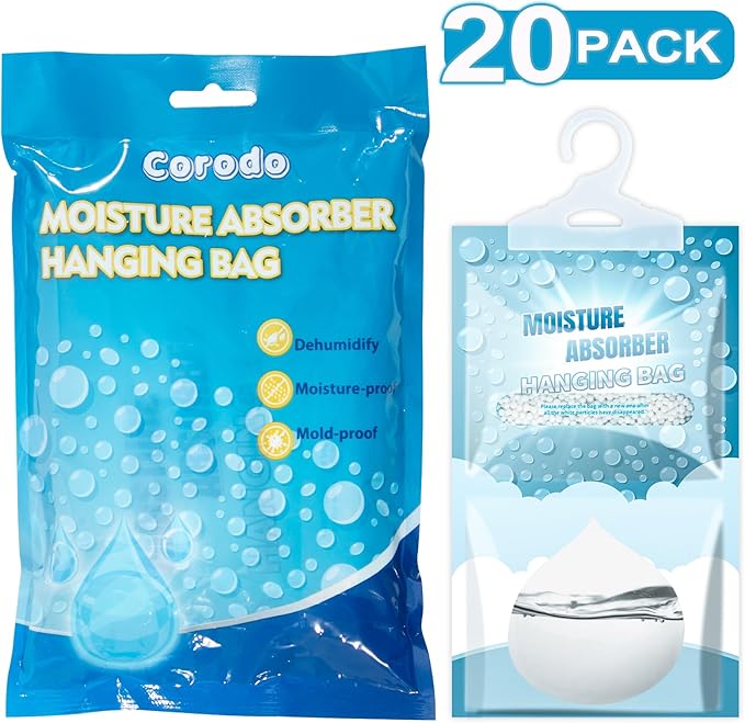 20 Pack Hanging Moisture Absorbers - Fagrance Free Dehumidifier Bags, 8.11 OZ/Pack, Removes Moisture & Odors, Humidity Absorber Packs for Closet Bedroom Kitchen