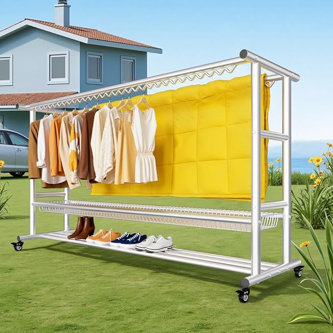 Clothes Drying Rack with Windproof Hooks, 63 inch Drying Rack Clothing Indoor Outdoor, Free Standing Metal Clothes Rack