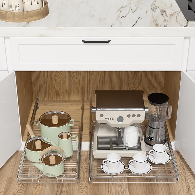 OCG Pull Out Cabinet Organizer (21" W x 21" D), Pull out Shelves 1 Tier, Cabinet Slide Out Shelves for Base Cabinet Organization in Kitchen Bathroom Pantry, Bottom Mount, Chrome Finish