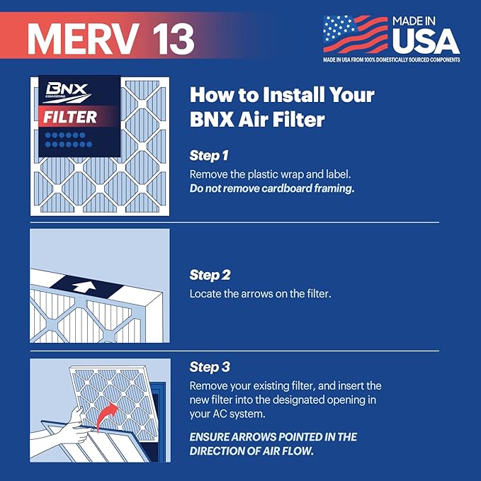 BNX TruFilter 12x24x1 Air Filter MERV 13 (4-Pack) - MADE IN USA - Electrostatic Pleated Air Conditioner HVAC AC Furnace Filters for Allergies, Pollen, Mold, Bacteria, Smoke, Allergen, MPR 1900 FPR 10