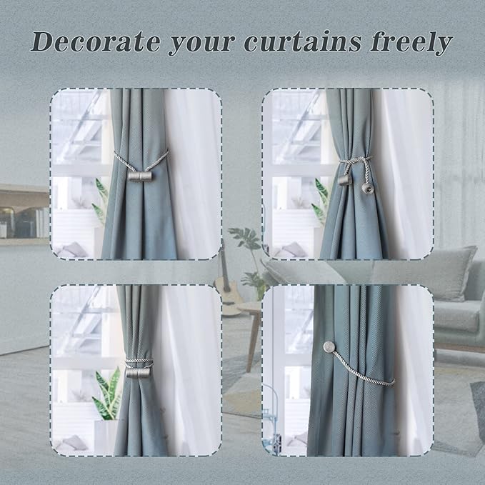 Hion Magnetic Curtain Tiebacks Grey 4 Pack, Curtain Tiebacks Buckles Holdbacks Holders Hooks Clip for Home Bedroom Office Decorative Thick or Thin Curtain