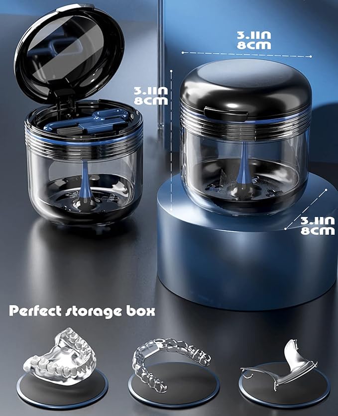 MURRI&MURRDI Retainer Case, Denture Bath Box with Strainer Basket, Mouth Guard Case, Braces Cleaner Cup, Cute Denture Holder Nightguard Storage Soak Container for Travel (Black)