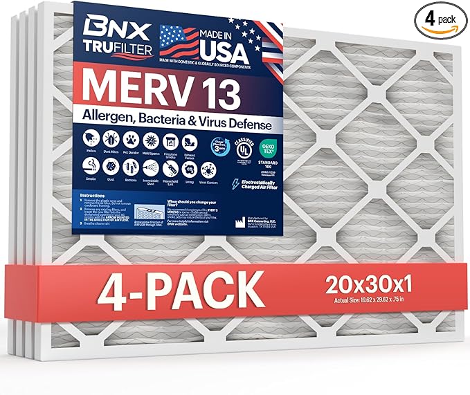 BNX TruFilter 20x30x1 Air Filter MERV 13 (4-Pack) - MADE IN USA - Electrostatic Pleated Air Conditioner HVAC AC Furnace Filters for Allergies, Pollen, Mold, Bacteria, Smoke, Allergen, MPR 1900 FPR 10