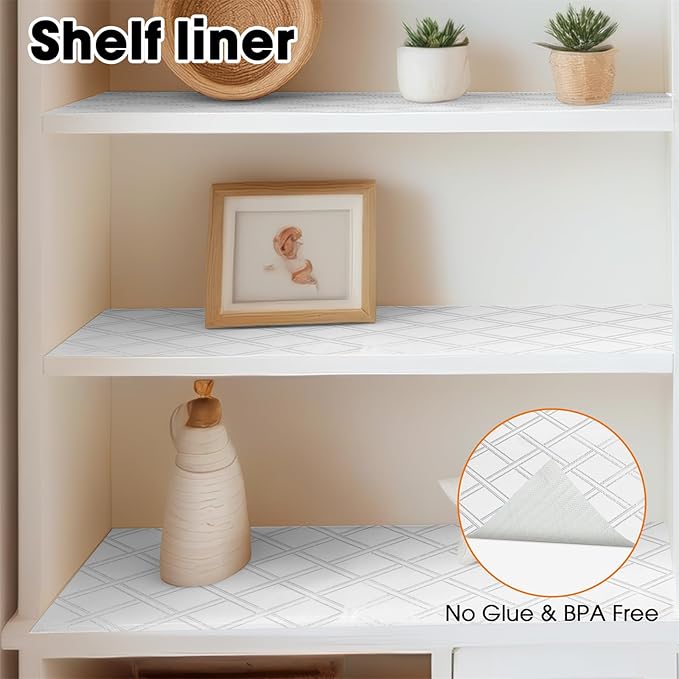 Drawer and Shelf Liner for Kitchen Cabinets Non-Adhesive Cabinet Liners for Shelves Strong Grip Non Slip Waterproof Cupboard Liner for Dresser Refrigerator, Bathroom,Silver Geometric,17.5IN X 10FT