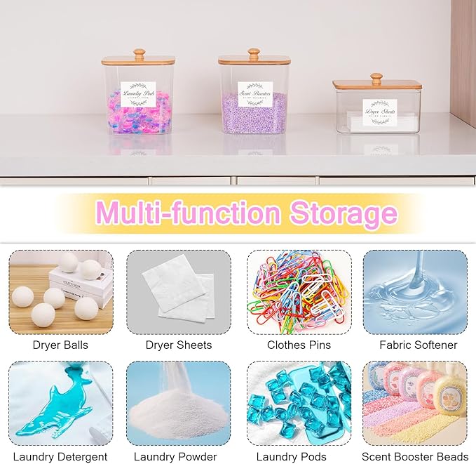 efluky 2 Pack Laundry Pods Container & Dryer Sheet Holder Set,Clear Laundry Room Organization Containers with Bamboo Lids and Labels,Laundry Pods Holder for Scent Booster,Powder,Pod