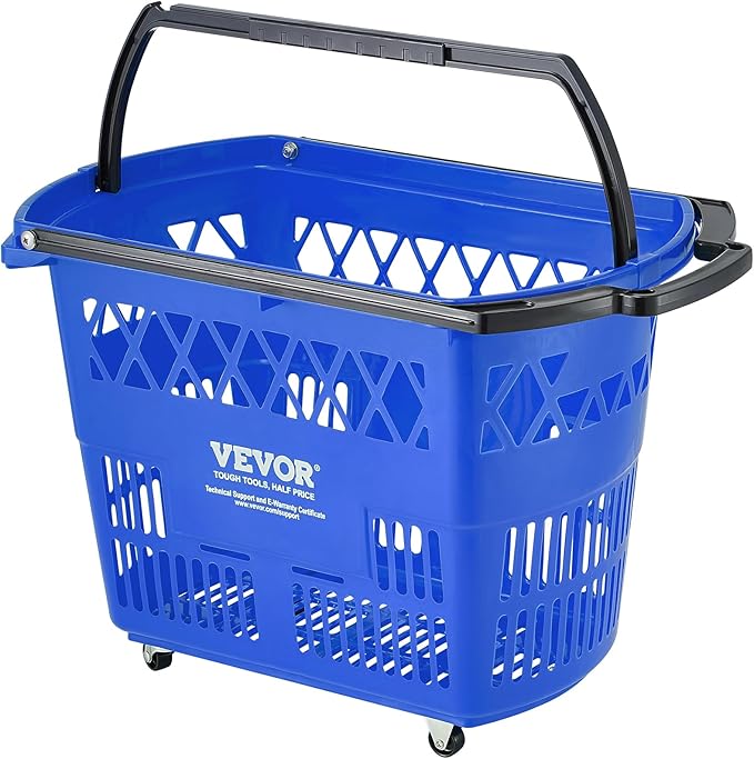 VEVOR Shopping Carts with Handles, 6PCS, 39L Plastic Rolling Shopping Basket with Wheels, Large Portable Shopping Basket Set for Supermarkets, Retail Stores, Grocery Shopping, Blue