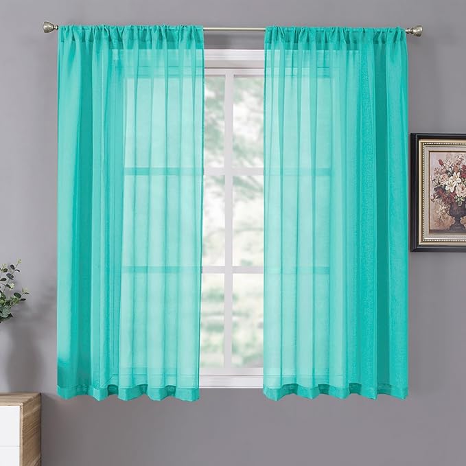 Tollpiz Short Sheer Curtains Living Room Linen Textured Curtain Sheers Light Filtering Voile Rod Pocket Curtains for Bedroom, 38 x 45 inches Long, Aqua Blue, Set of 2 Panels