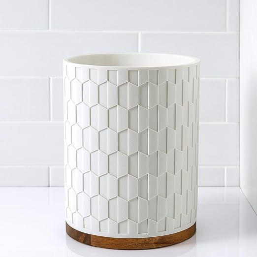 Allure Home Creation Sarasota Resin with Wood Accent Wastebasket Trash Can Compact Size, White, 1.64 Gallons