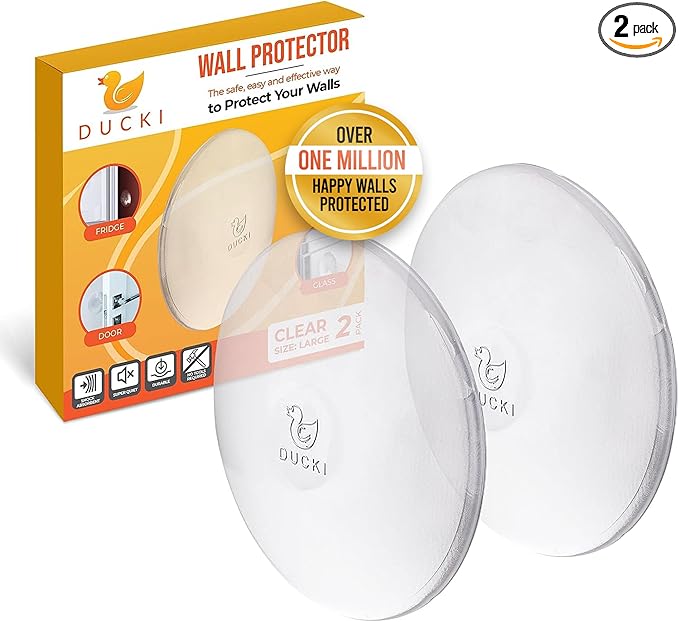 Ducki Door Stop Wall Protector | Self Adhesive Door Knob Wall Protectors from Door Knobs | Rubber Door Stoppers for Wall Damage & Noise | Durable, Shock Absorbent & Discreet | 2 Pack Clear Door Stops