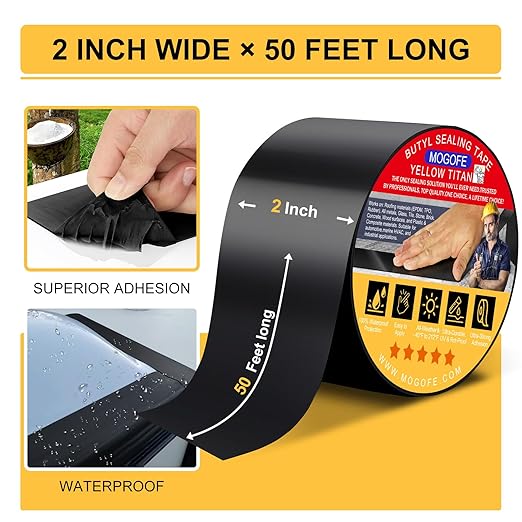 RV Roof Sealant Tape Black, 2 Inch x 50 Feet RV Repair Roof Sealer Seal Tape UV-Resistant Waterproof Sealant Tape for RV Repair, Camper, Trailer, Boat Sealing, Leaking Roof, Window