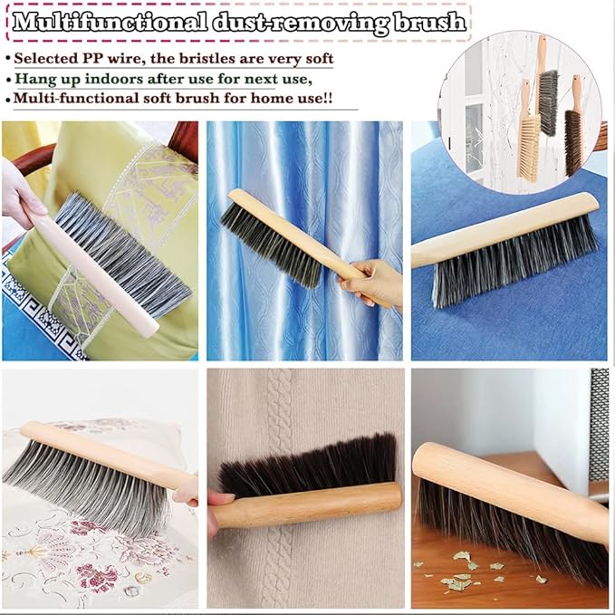 2Pcs Hand Broom Brush Beech Wood,Dust Brush,Duster for Counter,12inch Foxtail Bench Brush, Round Handle Handheld Brushes,5 Rows Soft Bristles for Bed,Shop Table,Woodworking Cleaning,Car,Sofa