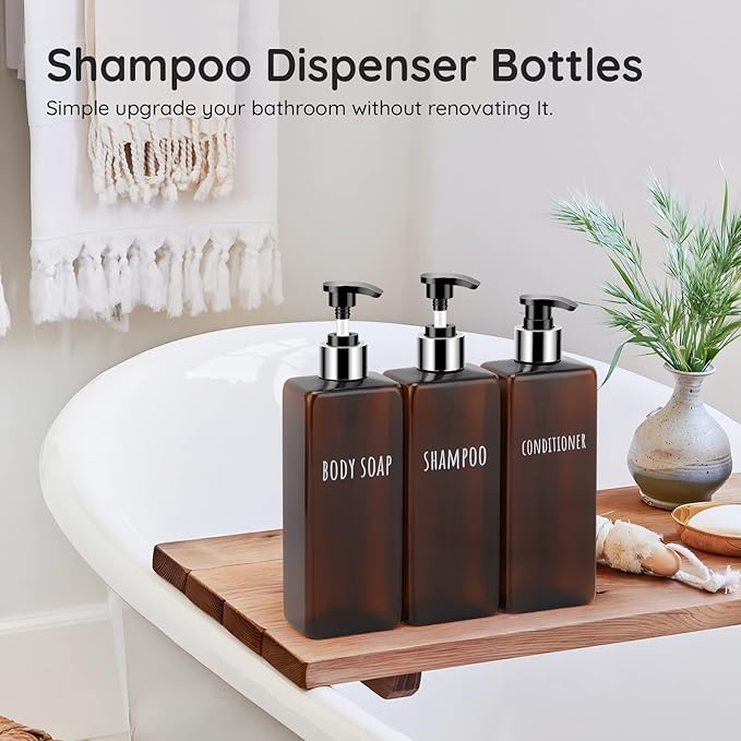 Segbeauty Shampoo and Conditioner Dispenser, 3 Packs 16.9oz Refillable Bathroom Soap Dispenser Set, 500ml Plastic Square Shower Press Pump Bottles Liquid Lotion Dispenser for Kitchen Sink Amber