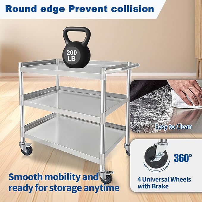 3-Shelf Stainless Steel Rolling Utility Cart - Heavy-Duty Metal Mobile Storage with Handle & Locking Wheels - Ideal for Kitchen, Medical, Lab, Restaurant & Home Use (16''x24''x34'')
