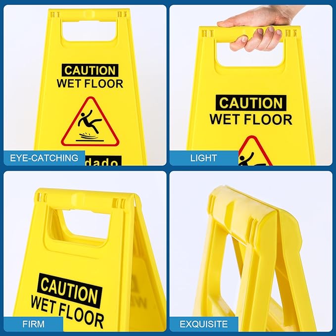 4-Pack Caution Wet Floor Sign,17.5" Height,Bright Yellow Double-Sided Folding A-Shaped Frame Design, Bilingual Caution Message