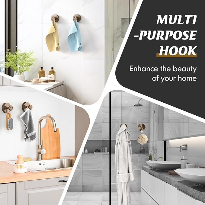 Suction Cup Hooks for Shower,4Pcs Shower Towel Suction Hooks,No Drill Towel Hooks for Bathroom Wall,Kitchen,Glass,Mirror,Tile to Hang Towels,Robes,Loofah-Champagne Bronze