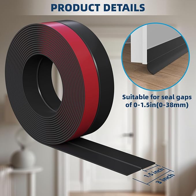 Heavy-Duty 20 ft x 3 in Weather Stripping, Extra Thick 2mm Door Draft Stopper Silicone Seal Strip for House and Glass Shower Doors for Collision and Side Gaps of Door and Windows, Black