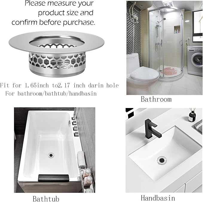 Hair Catcher Shower Drain Bathtub Lavatory Sink Drain Strainer for Laundry, Mop Pool, Utility, Slop, RV Sink, Stainless Steel Drain Filter。Fit Hole Size from 1.65-2.17" ，2Pack (1.5”)