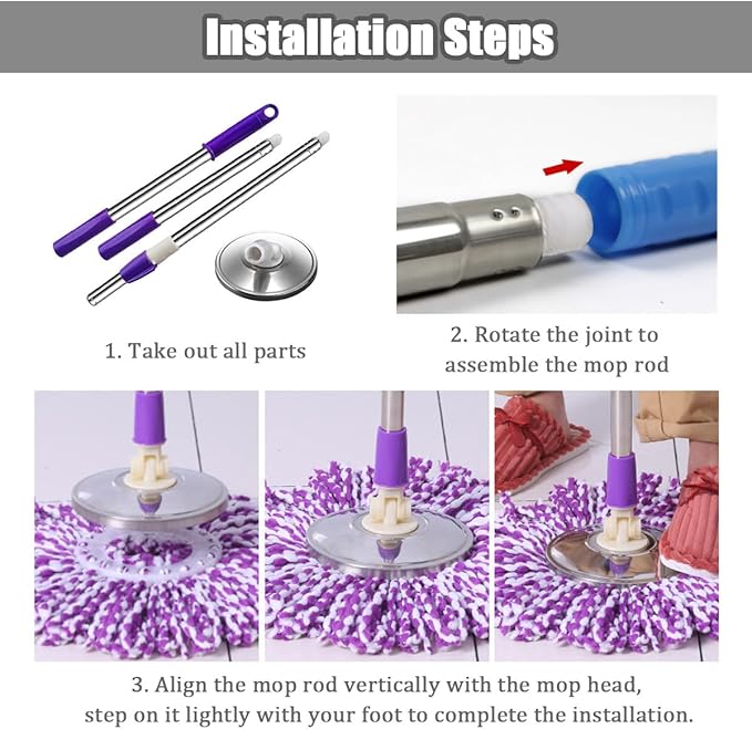 Extended Spin Mop Replacement Mop Handle, Upgraded 60-inch 360 Degrees Rotating Telescopic Replacement Mop Stick for Spin Mop Bucket Cleaning System Floor Cleaning (Plastic Disc, Red)