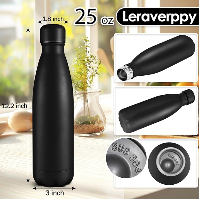 25oz Cola-Bottle Shaped Stainless Steel Leak-proof Water Bottle,Double Wall Vacuum Insulated Metal,Travel Mug For Sports Indoors & Outdoors,BPA-Free School Kids Flasks,Black(4 Pack）