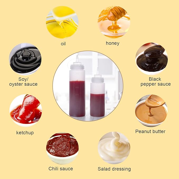 Condiment Squeeze Bottles Ketchup Dispenser 2PCS 24 oz Plastic Sauce Squirt Bottle with Cap Lids, Pancake Squirt Bottles for Sauces Liquids Mustard BBQ Dressing Pancake Art