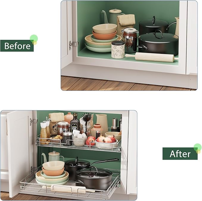 LOVMOR 2 Tier 31½"W x 21½"D, Individual Pull Organizer Kitchen Cabinet Storage Sliding Shelves