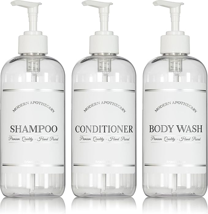 Clear Refillable Shampoo and Conditioner Bottles - Body Wash, Shampoo and Conditioner Dispenser - PET Plastic Shampoo Bottles Refillable with Pump - Waterproof Labels - 16 oz, 3 Pack (White Plastic)