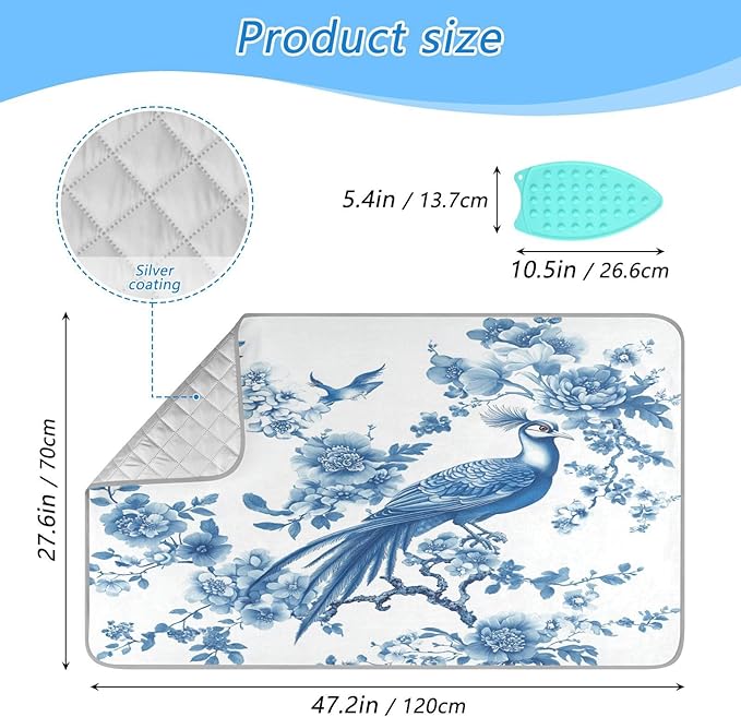 Chinoiserie Flower Peacock Ironing Mat Thickened Ironing Blanket Travel Portable Double-Side Using Ironing Pad Travel Isolate Heat Pad Cover for Washer Dryer Table Top Countertop 27.6x47.2in