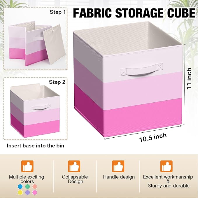 6 Pcs Fabric Storage Cubes Bins with Metal Handle 11 Inch Macaron Colored Striped Style Collapsible Bins Cube Storage Organizer for Clothes Books Kids Room Closet and Toys