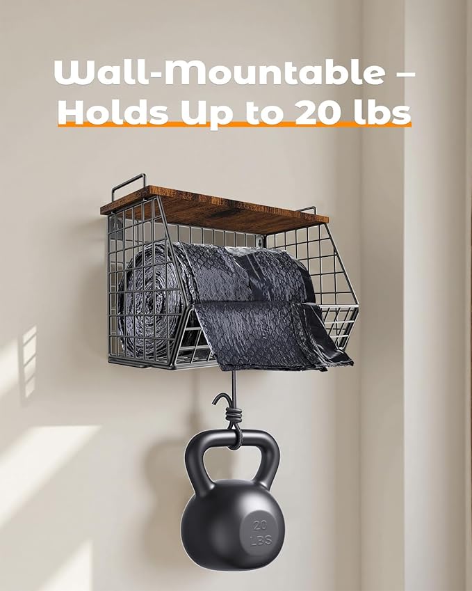 2 Pack Stackable Extra Large Trash Bag Holder Under Sink, Wall Mounted Garbage Bag Dispenser Roll Holder for 13/33 Gallon Trash Bags, Kitchen/Pantry/Laundry Room Organization Basket Storage Bin