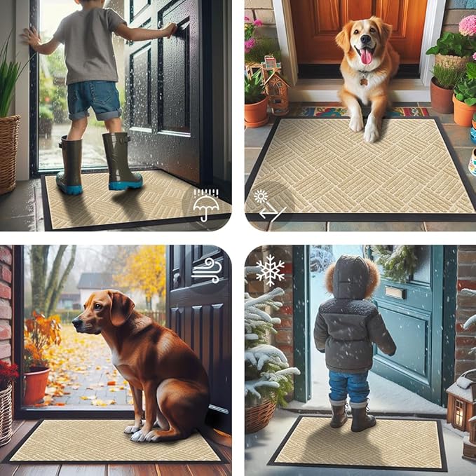 Smiry Front Door Mat Outside Entrance, Heavy Duty Outdoor Indoor Natural Rubber Doormat, Non Slip, Trap Dirt and Moisture, Easy Clean, Low Profile Patio Porch Entryway Mat, 35x23, Beige