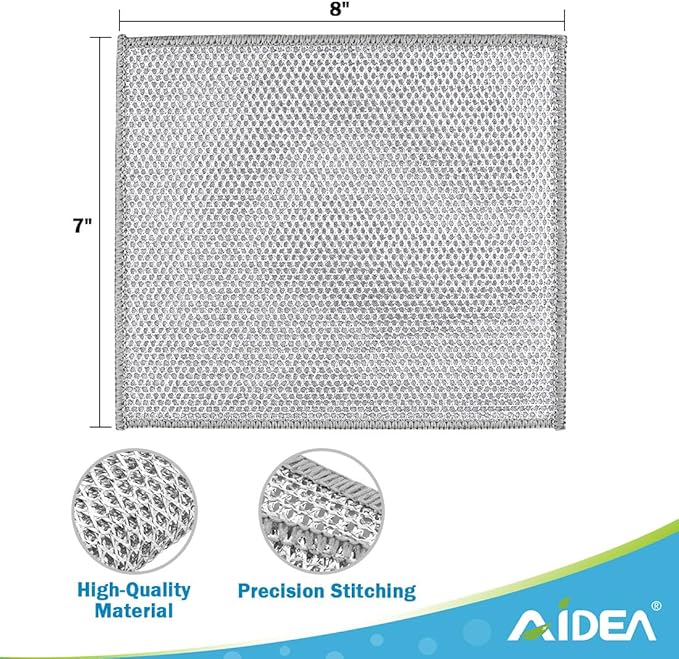 AIDEA Non Scratch Wire Dishcloth 12PK, Wire Dishwashing Rag for Wet and Dry, Washable Dish Rags No Odor, Cleaning Pads Steel Scrubber for Cookware, Sinks, Dishes, Stove Tops, 7"×8"