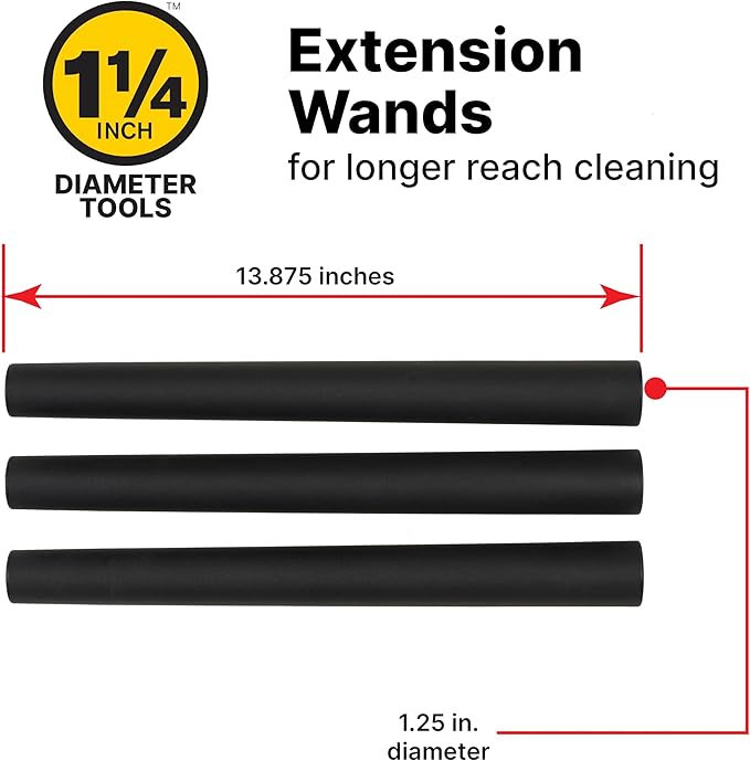 Shop-Vac 9061400 1.25 Inch Diameter Extension Wands, 3-Piece Set, Durable Black Plastic, Ideal for Extended Reach With 1.25 Inch Hoses