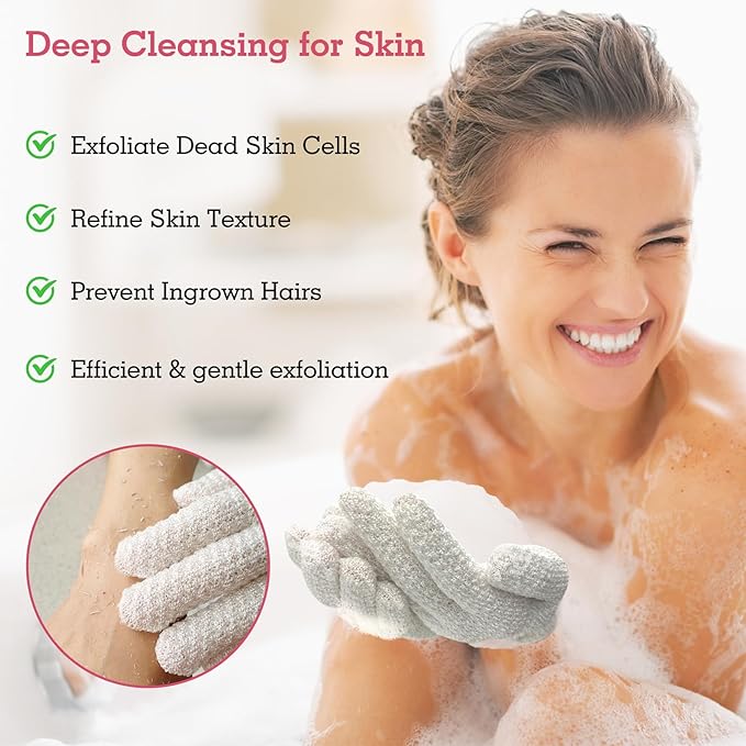Evridwear Exfoliating Gloves for Shower, 100% Nylon Thick Soft Medium Heavy Bathing Gloves Dead Skin Remover Body Scrubber Smooth Skin with Hang Loop, 3 Pairs Light White