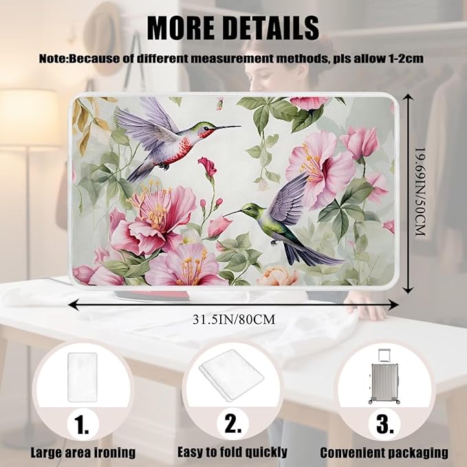 Hummingbird Ironing Mat for Table top Washer,Dryer,Countertop,Floral Print Portable Iron Pad Blanket for Washer Dryer Countertop Travel 32 x 16 Inch Small Ironing Pads