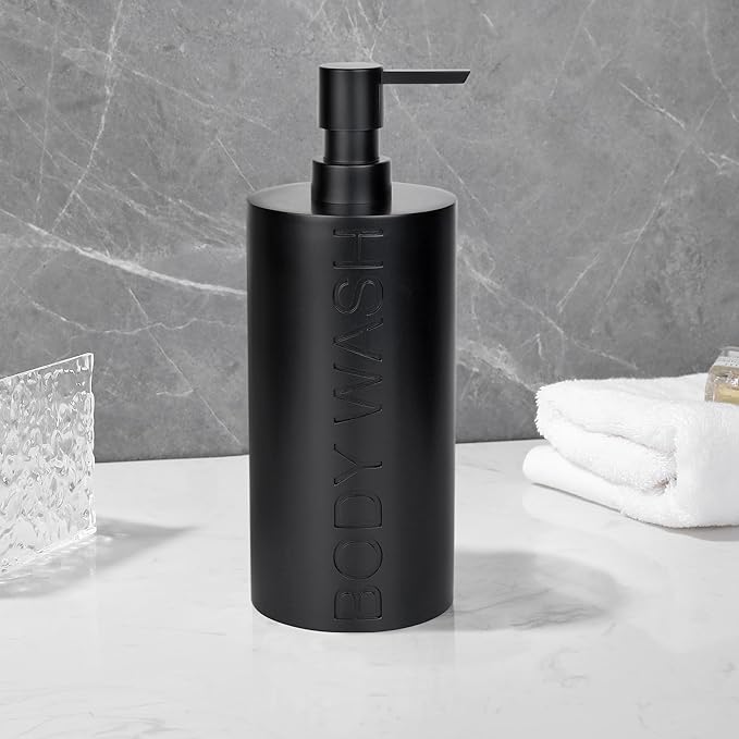 Matte Black Body Wash Dispenser Luxurious Refillable Pump Bottle with Embossed Text, Durable Construction for Bathroom and Shower