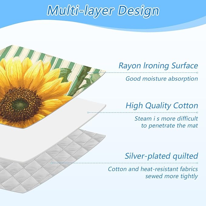 Green Striped Sunflowers and Bees Ironing Mat for Table top Portable Ironing Pad Blanket for Washer Dryer Countertop Travel