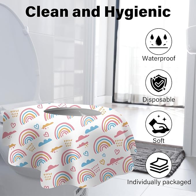 60 Pack Toilet Seat Covers Disposable, Extra Large Waterproof Toilet Cover for Toddlers & Adults, Individually Wrapped Travel Essential Portable Potty Training in Public Restrooms, Trip - Rainbow