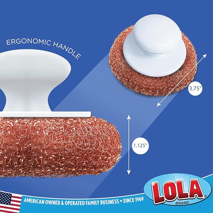 LOLA Copper Mesh Scouring Pad w/Comfort Knob, 6 Pack, Heavy Duty Cleaning Pads, Knitted Wire Mesh, Cleans Caked-On & Baked-On Messes