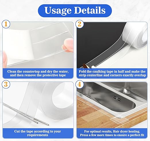 ABSOFINE Caulk Tape Waterproof Self Adhesive, Clear Toilet Caulk Sealant Tape, Shower Seal Strip for Kitchen, Countertop, Bathroom, Sink Bathtub Toilet Edge Protector with Sealing Tool (1.97"x16.4Ft)