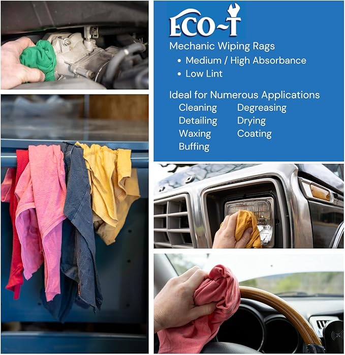 4 Lb Bag Eco-T Mechanic Shop Rags - Colored T-Shirt Material, 100% Recycled, Eco-Friendly, High Absorbency, Low Lint, Low-Cost, Industrial Use Wiping Cloth