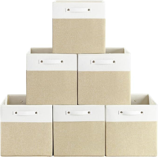 13 x 13 Inch Fine Linen Storage Bins with Handles，Fabric Cube Boxs，Collapsible Basket Organizers for Shelves for Home, Closet Drawers (White/Khaki-6 Pack)