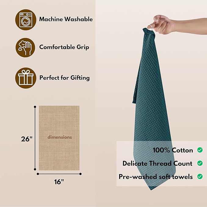 Native Fab Cotton Kitchen Towel with Hanging Loop 16x26 inches, 6-Pack, Waffle Weave Kitchen Towels for Cleaning Drying, Washcloths Soft & Absorbent Cloth Rags, Bar Towel, Dish Cloth, Teal Green