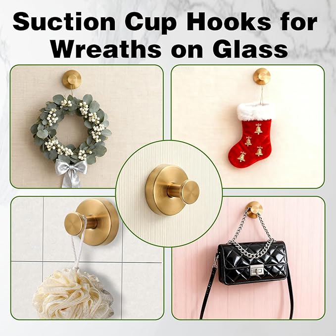 Suction Cup Hooks for Wreaths on Glass, No-Drill Suction Cup Hooks, Wreath Hangers for Front Doors, Metal Towel Hooks for Showers Bathrooms Mirrors (2Pcs Black)
