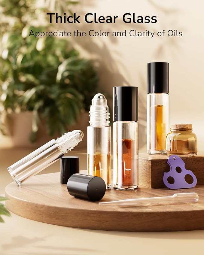 ULG 24-Pack Essential Oil Roller Bottles 10ml, Empty Bottles with Stainless Steel Roller Balls and Waterproof Labels, Clear Roller Balls For Essential Oils