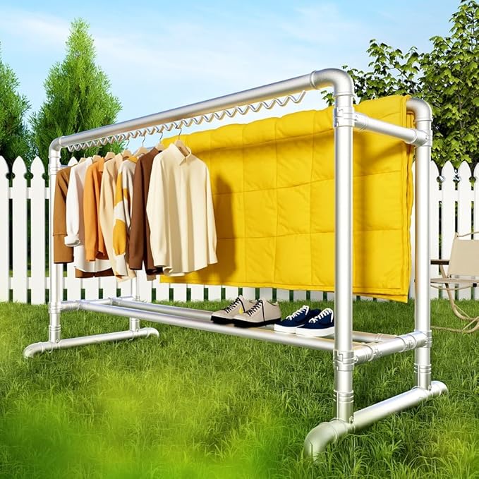 Clothes Drying Rack with Windproof Hooks, 78.7 inch Adjustable Heavy Duty Laundry Drying Rack, Free Standing Metal Clothes Rack, for Indoor Outdoor