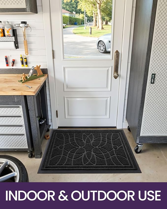 DEXI Front Door Mat Outside Entrance, Heavy Duty Non Slip Low Profile Doormat for Entryway, Trap Dirt and Moisture Welcome Mats, Easy Clean, Patio, Garage, 3x2, Black